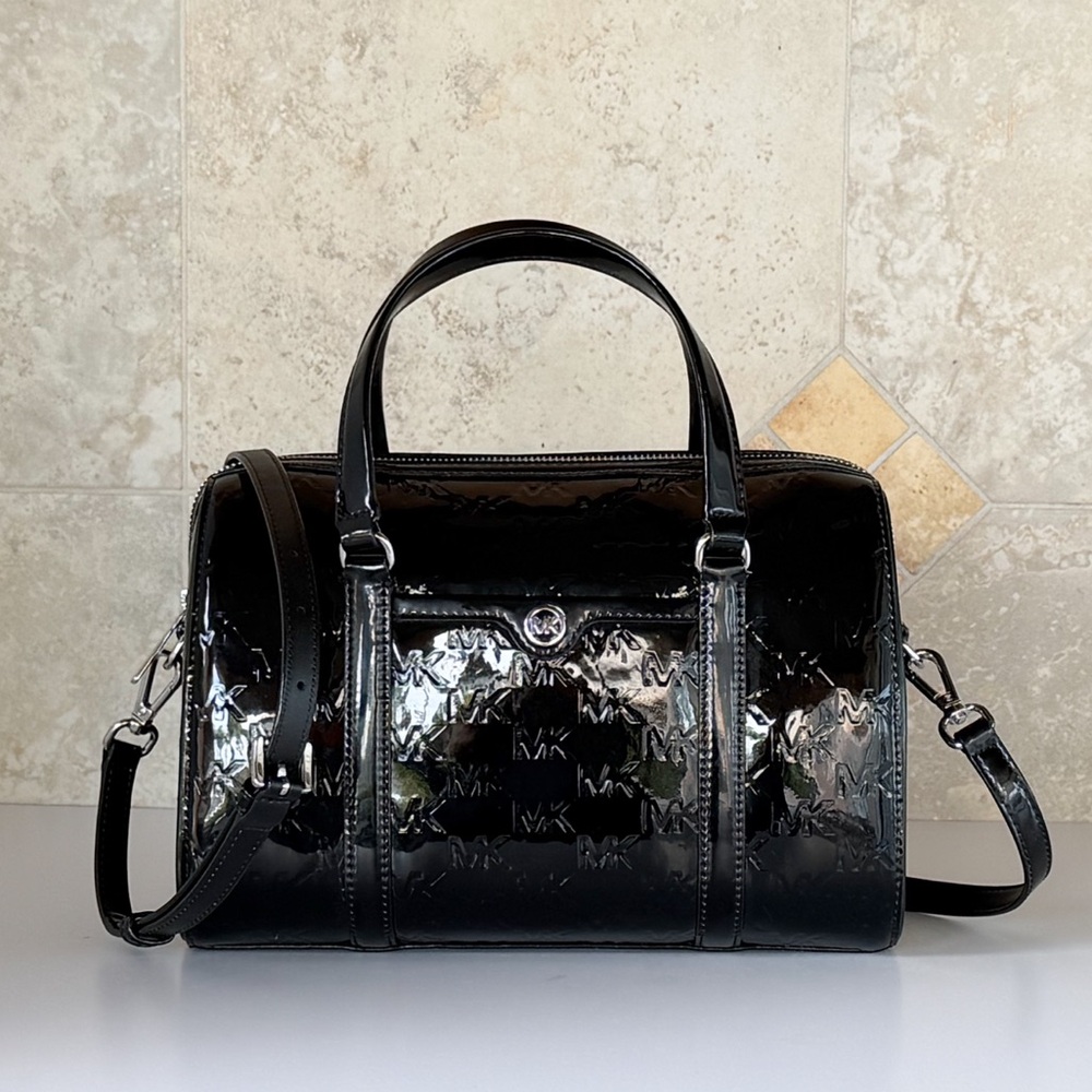 Michael Kors Jet Set MD Satchel Duffle Bag MK Patent Black